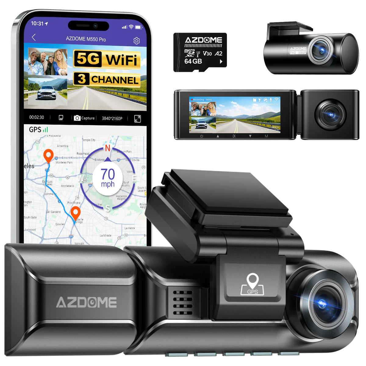 AZDOME M550Pro 3CH Dash Cam 4K with 5G WiFi, 3.19" Screen IR Night Vision 24H Parking Mode