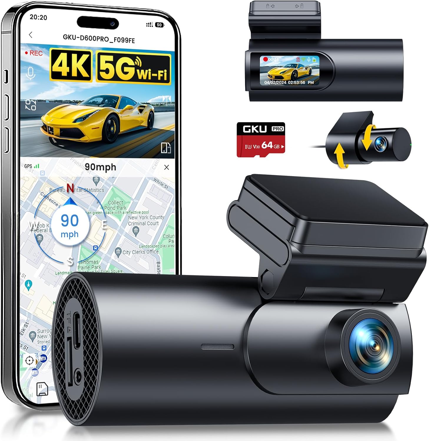 GKU 4K Dash Cam Front and Rear,1.5” IPS Mini Dashcam for Cars with 64GB SD Card, 24H Parking Mode, Night Vision, WDR, 170° Wide Angle