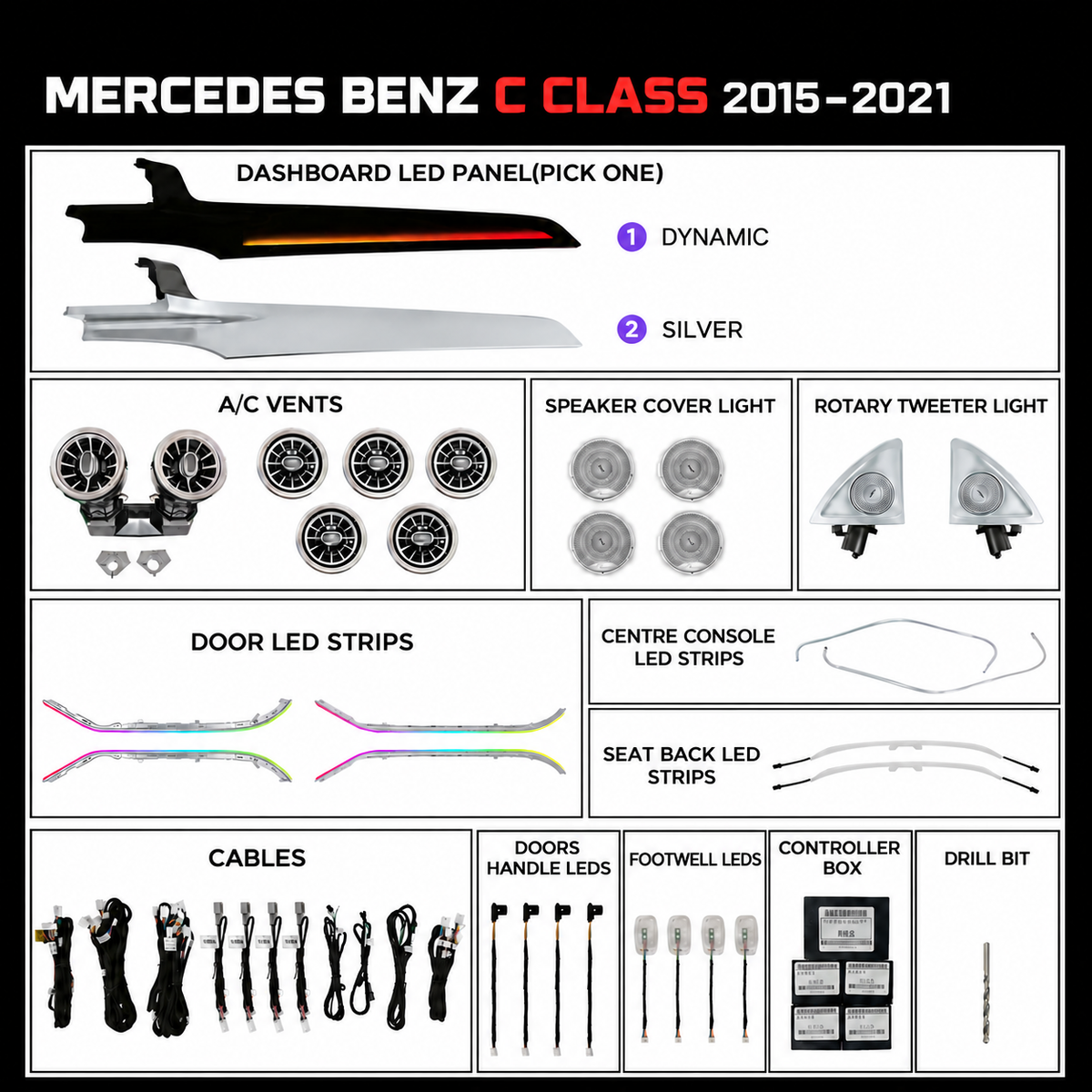 Mercedes C Class W205 Interior Ambient Lighting Kit Car/App Controlled