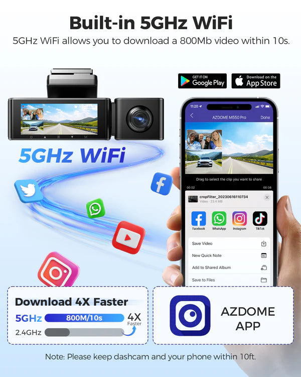 AZDOME M550Pro 3CH Dash Cam 4K with 5G WiFi, 3.19" Screen IR Night Vision 24H Parking Mode