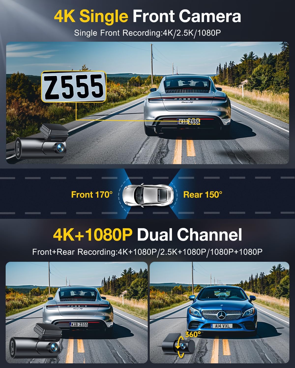 GKU 4K Dash Cam Front and Rear,1.5” IPS Mini Dashcam for Cars with 64GB SD Card, 24H Parking Mode, Night Vision, WDR, 170° Wide Angle