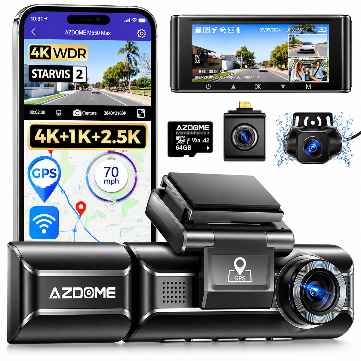 AZDOME M550Pro 3CH Dash Cam 4K with 5G WiFi, 3.19" Screen IR Night Vision 24H Parking Mode