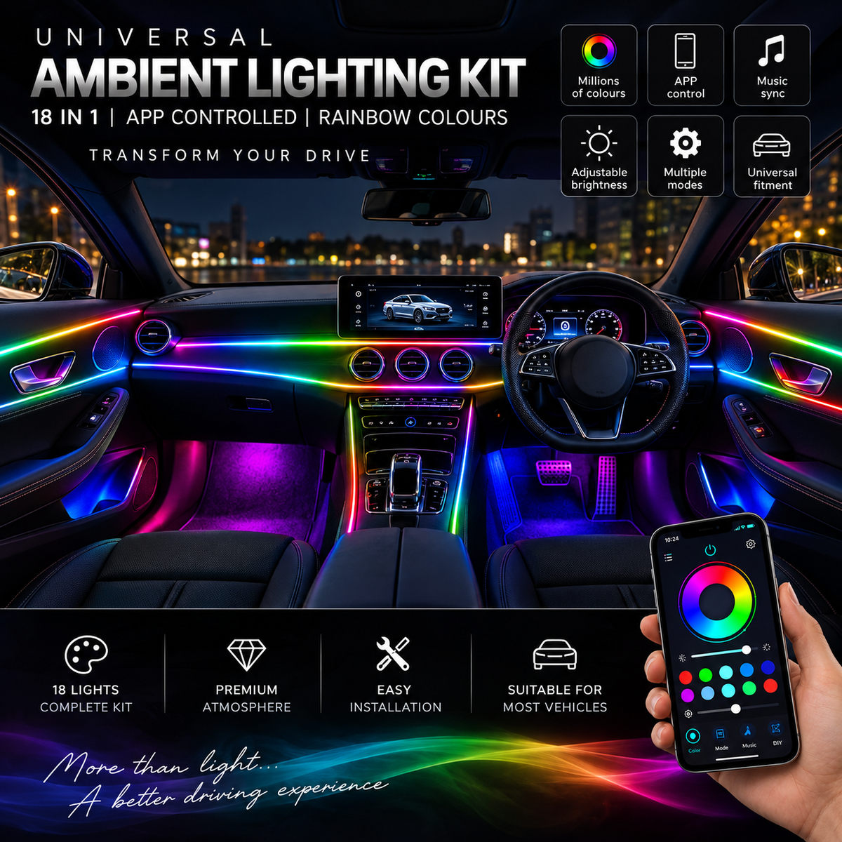Universal Rainbow Ambient Lighting Kit 18 in 1 App Controlled Atmosphere Lamp